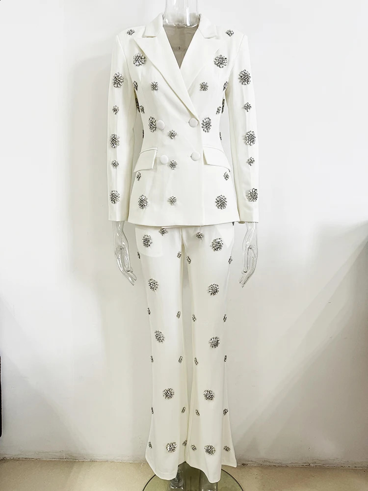 HIGH STREET est Fashion Suit Set Womens ious Rhinestone Diamonds Beaded Blazer Flare Pants Suit 2pcs 250210