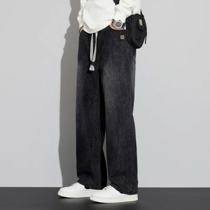 Mens regular fit straight leg jeans casual drawstring elastic waist denim pants lightweight carpenter Jean 250214