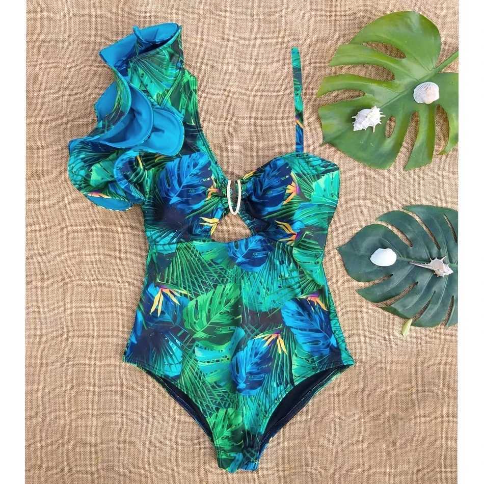 2025 New Arrival Ruffle Swimwear Single Shoulder One Piece Swimsuit Women Floral Printed Tropical Summer Beach Bathing SuitW250214