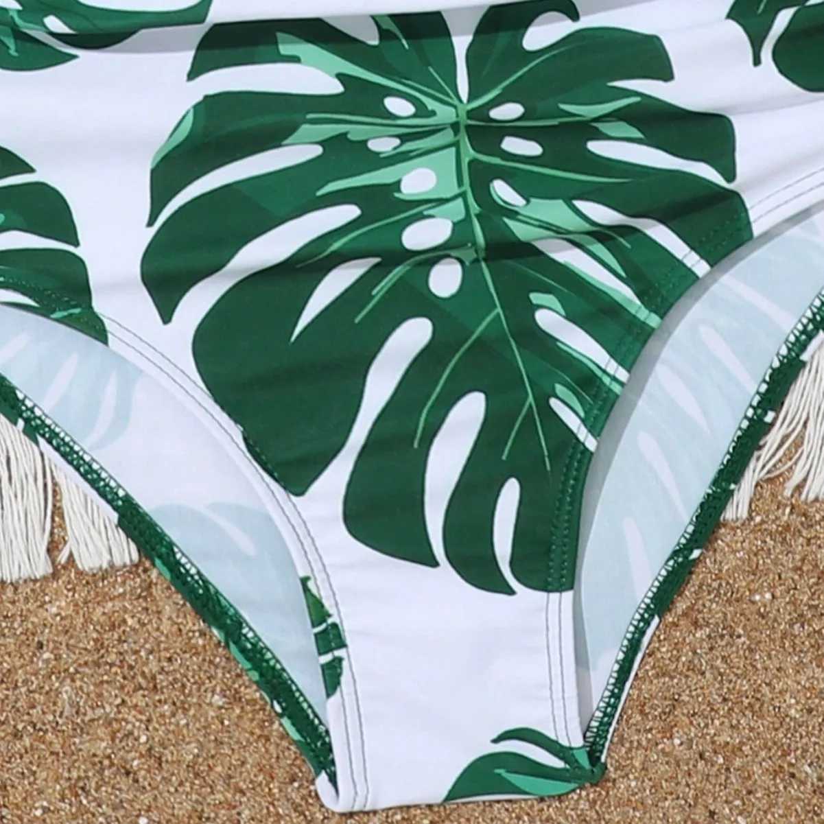 7-12 Years Leaf Print Girls Kids Swimsuit Ruffle Summer Beach Children Swimwear High Waist Biquini Teens Bathing Suit Bikini SetXJ250214