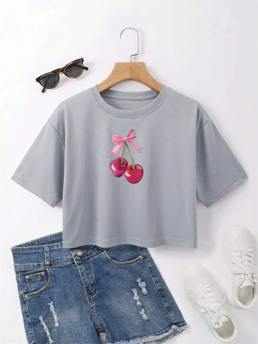 Designer 2025 New Y2k Women's Round Neck Cherry Print Spicy Girl's Short Sleeved T-shirt