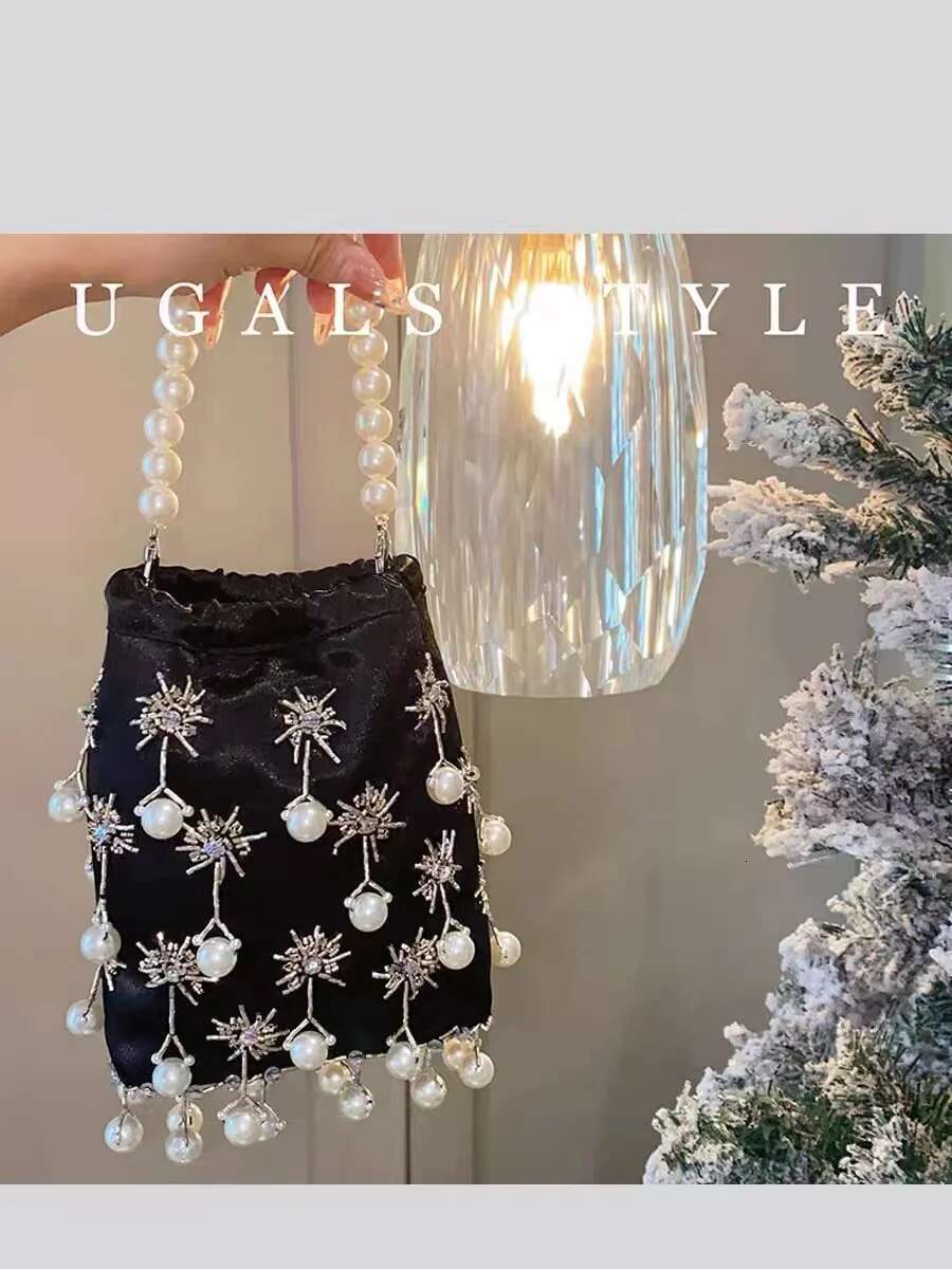 Pearl Beaded Women's Handbag Fashion Beads Beading Handmade Veet Evening Wedding Party Clutch Purse Female Crossbody Bag