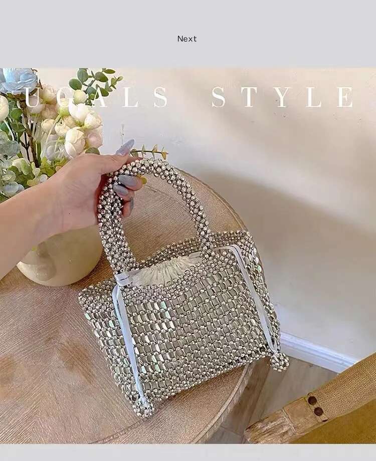 Metallic Shiny Beads Beading Bucket Large Capacity Fashion Women Handbag Woven Handmade Shoulder Lady Purse Casual Bag