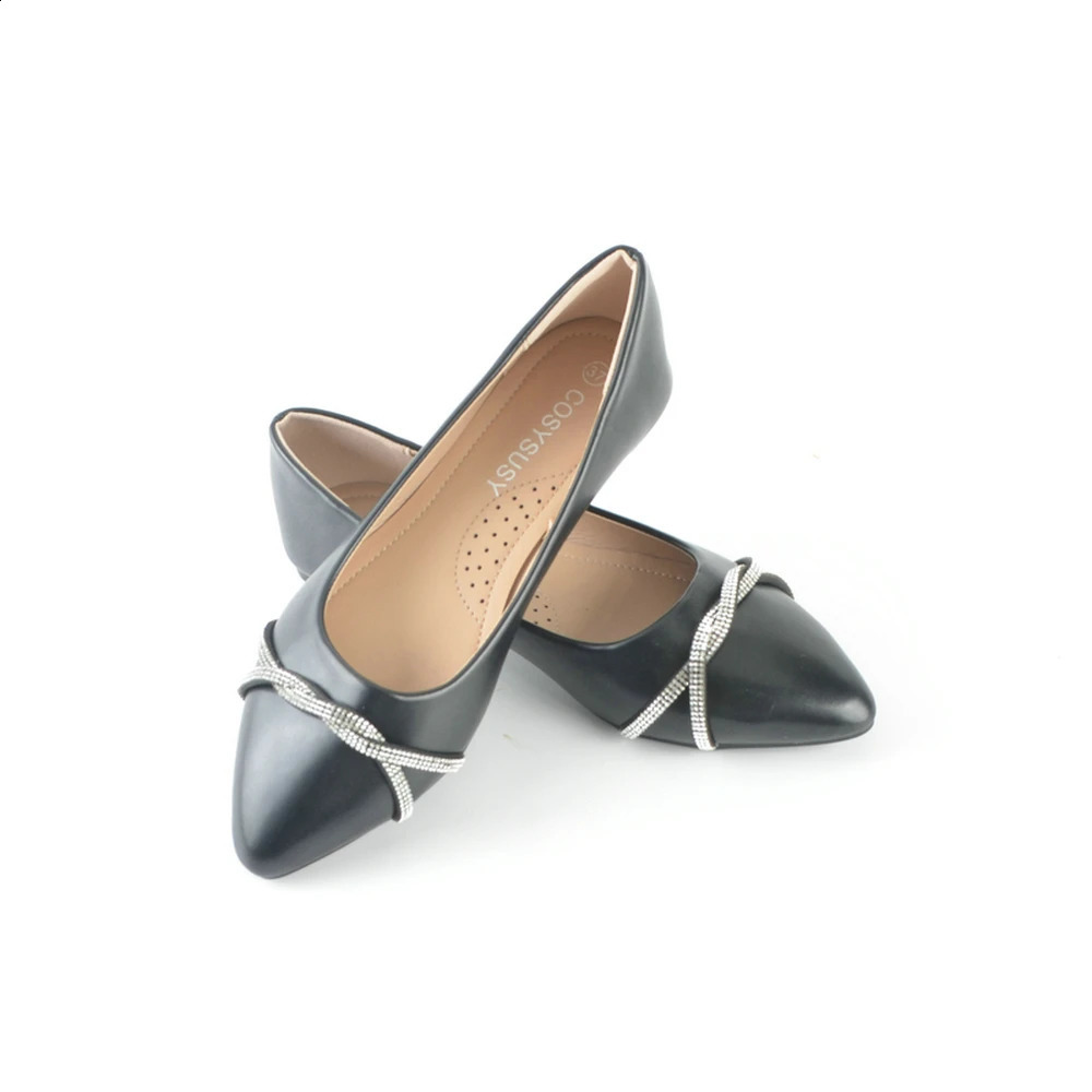 Casual Daily Flat Pumps Ladies Crossed Crystal Strap Pointy Toe Shoes Comfortable Black Rhinestone Party Dress Womens Shoes 250214