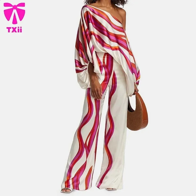 Office Womens 2-piece Set Casual Wide Leg Pants Set Printed Satin Set Lantern Sleeves Off Shoulder Long Sleeve 250210