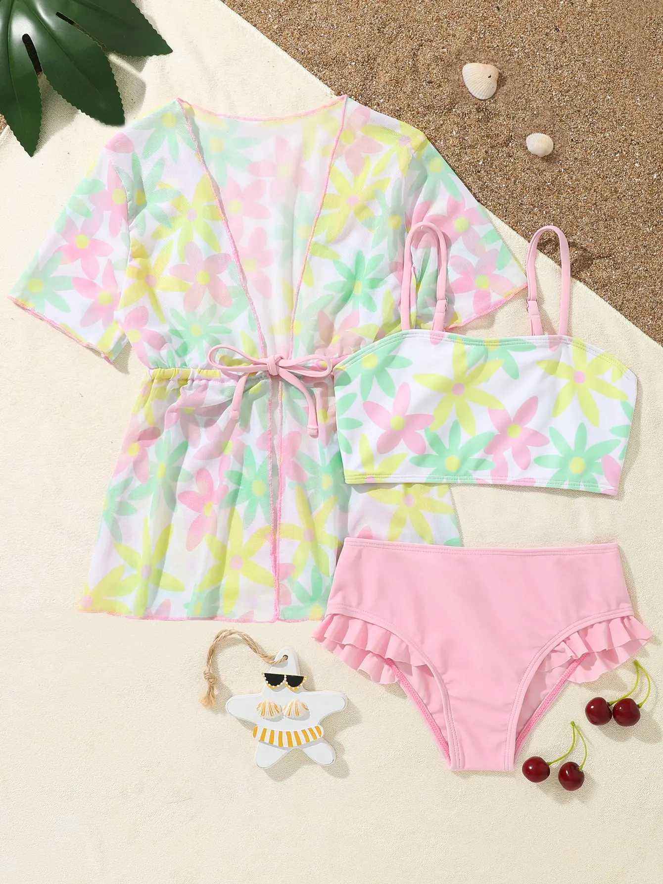 New Flower Print Girls Swimwear Bikinis 3 Pieces sand Swimsuit Suit s1005XJ250214