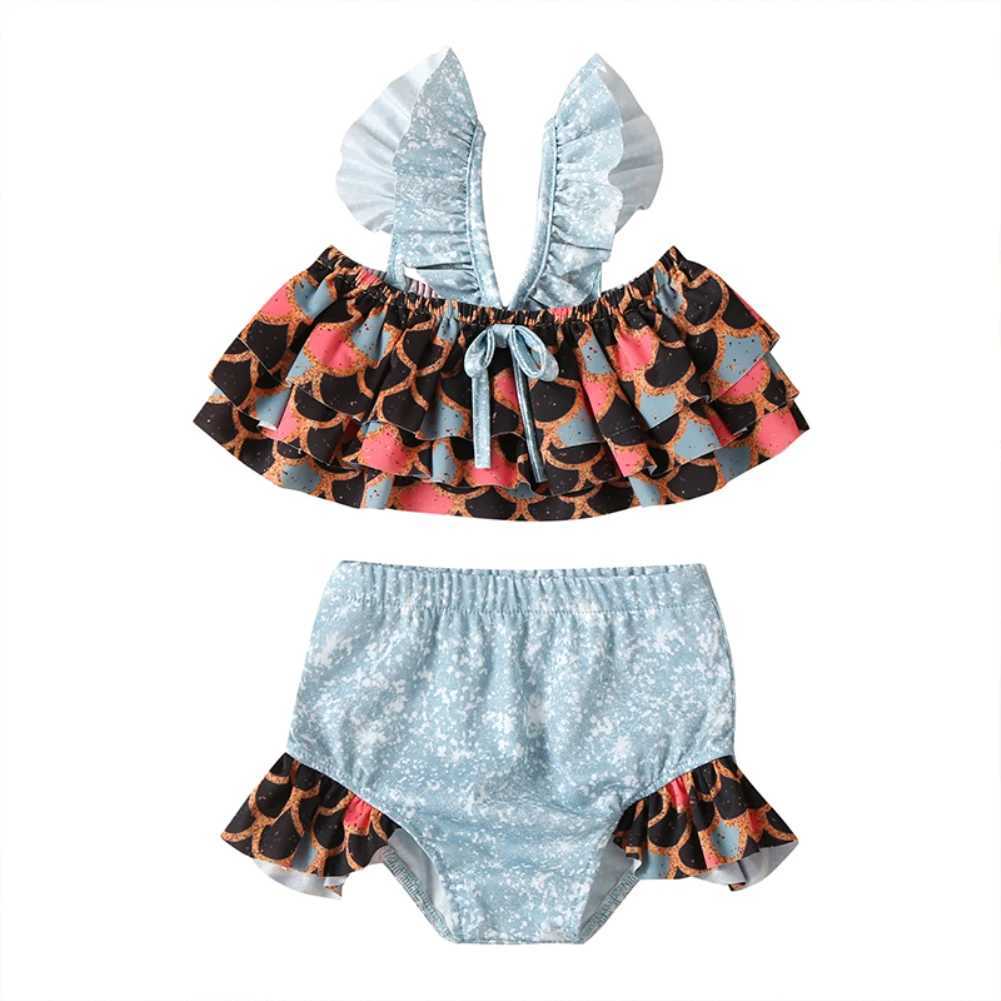 Summer Kids Girl Fish Scale Print Bikinis Sets Ruffles Crop Tops+Shorts 2Pcs Fashion Children Girl Swimwear Bathing SuitsXJ250214