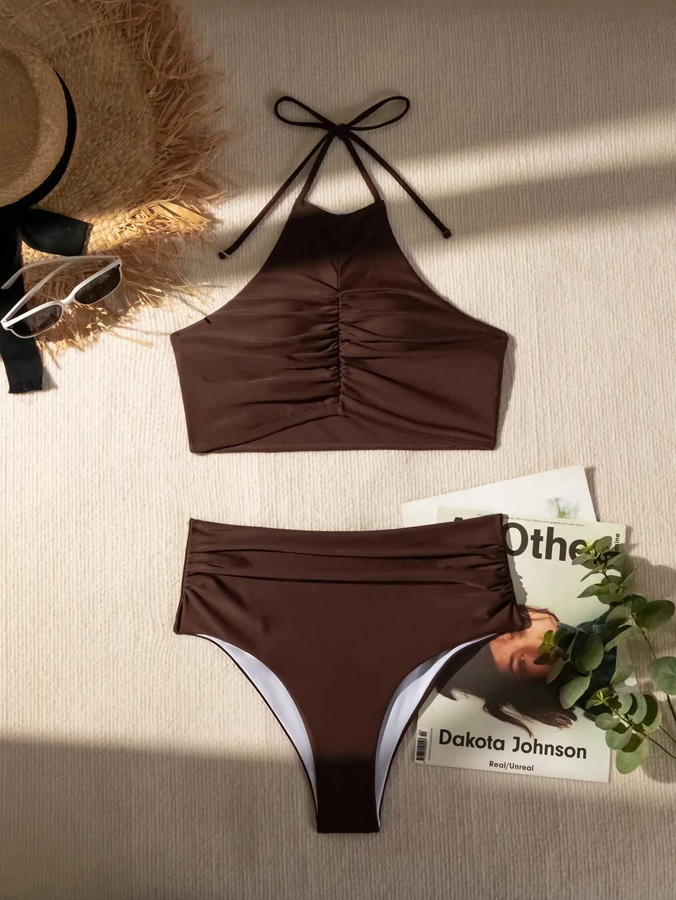 Sexy Halter Pleate Bikini Set 2024 Women Coffee Push Up Crop Top with High Waist Swimsuit Summer Holiday Bathing Suit SwimwearW250214