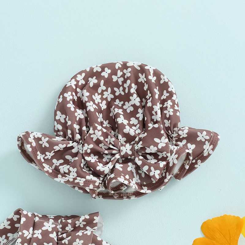 Baby Girls Bathing Suit Outfits Round Neck Flower Print Long Sleeve Zipper Swimsuit and Swim Cap Toddler Baby Beach Wear SetXJ250214