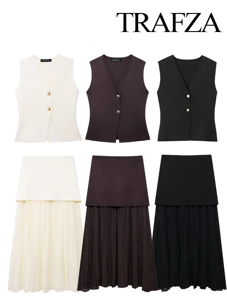 TRAFZA Women 2 Piece Suit Casual Fashion Knitted VNeck Sleeveless Vest Woman Elegant Loose High Waist Hem Folds Skirts Set 250214