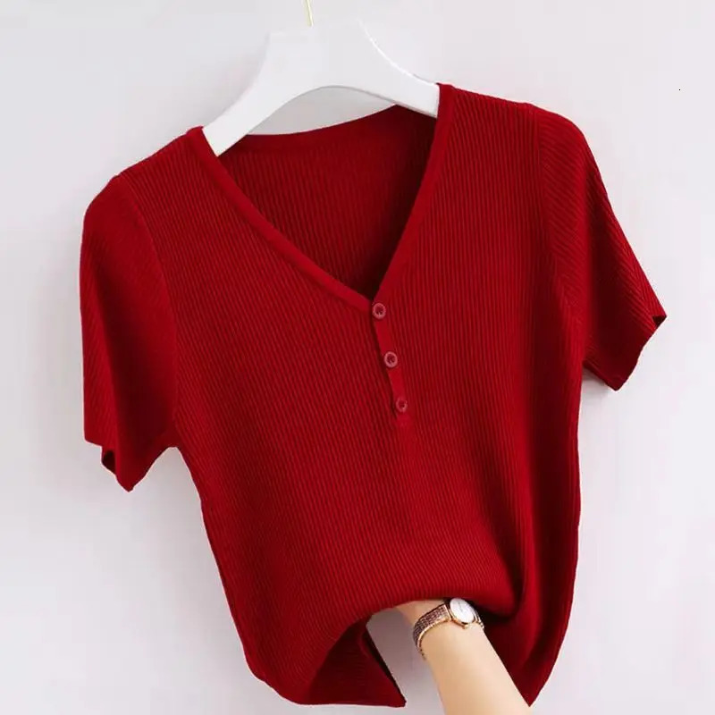 Summer Korean Fashion Vneck Slim Ice Silk Thin Short Sleeve Knit Tshirt Women Solid Patchwork Button Versatile Top 250211