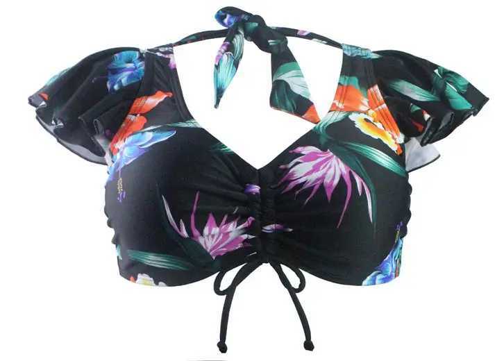 Women Two Piece Separates Black Print Halter Ruffled Bikini Top Ruched Bikini Bottom Double Material High Stretchy Full CoverageW250214