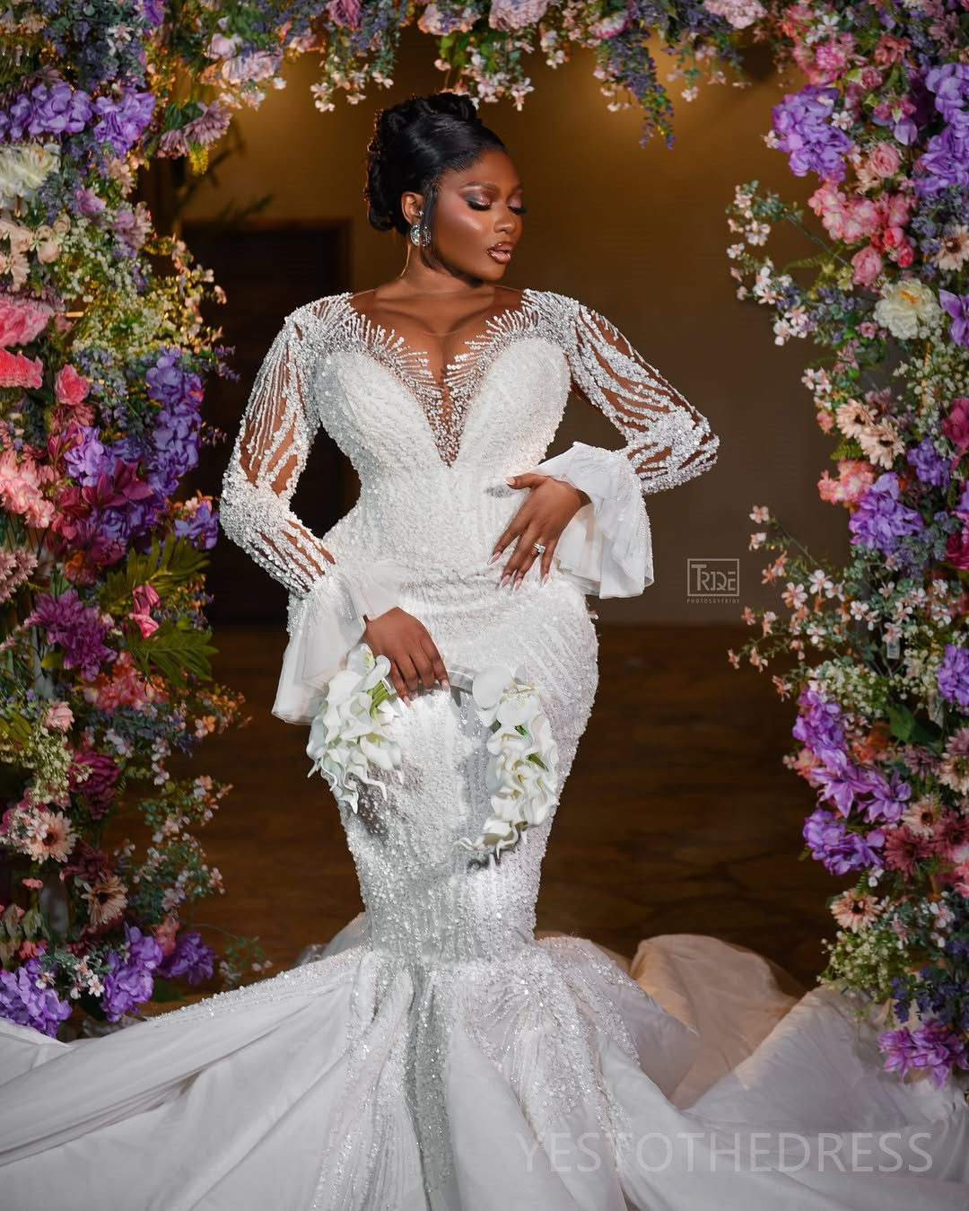 2025 Plus Size Mermaid Wedding Dress Bridal Gowns For Bride Sheer Neck Illusion Long Sleeves Appliqued Beaded Pearls Lace Wedding Gowns For Black Wome