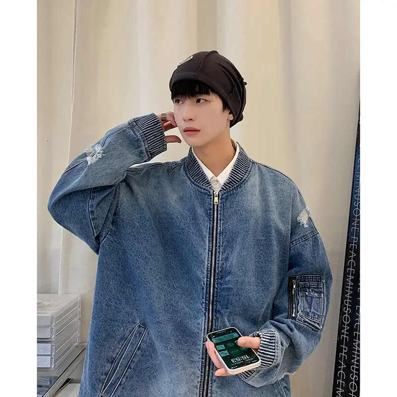 Mens Trendy American Vintage Streetwear Oversized Washed Denim Jacket Y2K Harajuku Korean Casual Long Sleeve Zipper Cowboy Coat 250212