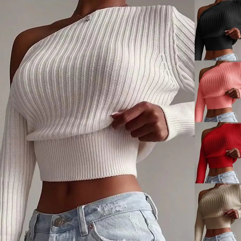Womens Sexy Off Shoulder Sweater Fashion Solid Color Long Sleeve Ribbed Knitted Pullover Winter Jumper Casual Tops Fashion 250210