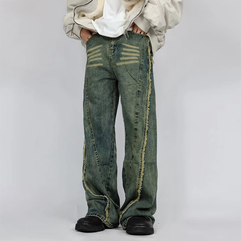 Streetwear Fashion Denim Trousers Mens Spring Fall Trendy Patchwork n Jeans For Men Vintage Fringed Solid Color 250214