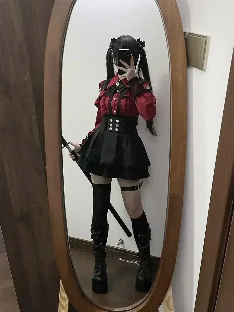 Lapel Neck Off Shoulder Long Sleeve Shirts Women Y2k High Waist Ruched Lace Skirts Early Autumn Two Piece Sets 250214