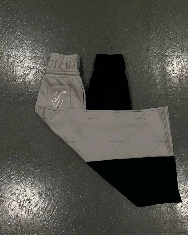 Retro High Street European and American Letter Embroidered Sweatpants Double-layer High-waist Drawstring Straight Wide-leg Pants 250214CJ