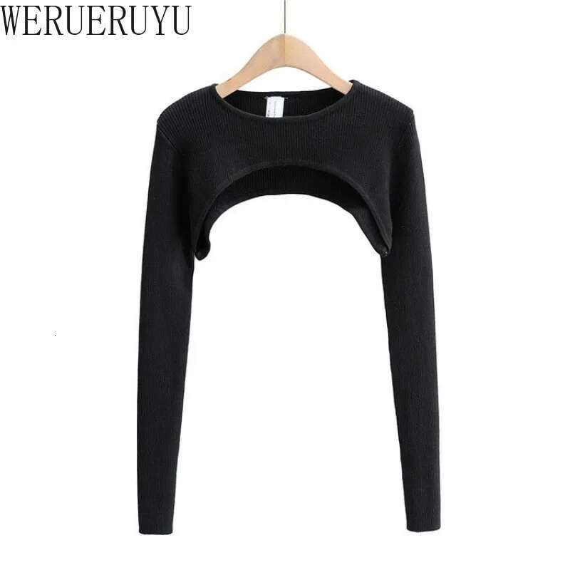 T-Shirts Women Long Sleeve Crop Top Spring Autumn Y2k Aesthetic Clothes O-Neck Black White Sexy Haruku Knitted Tshirt 2023