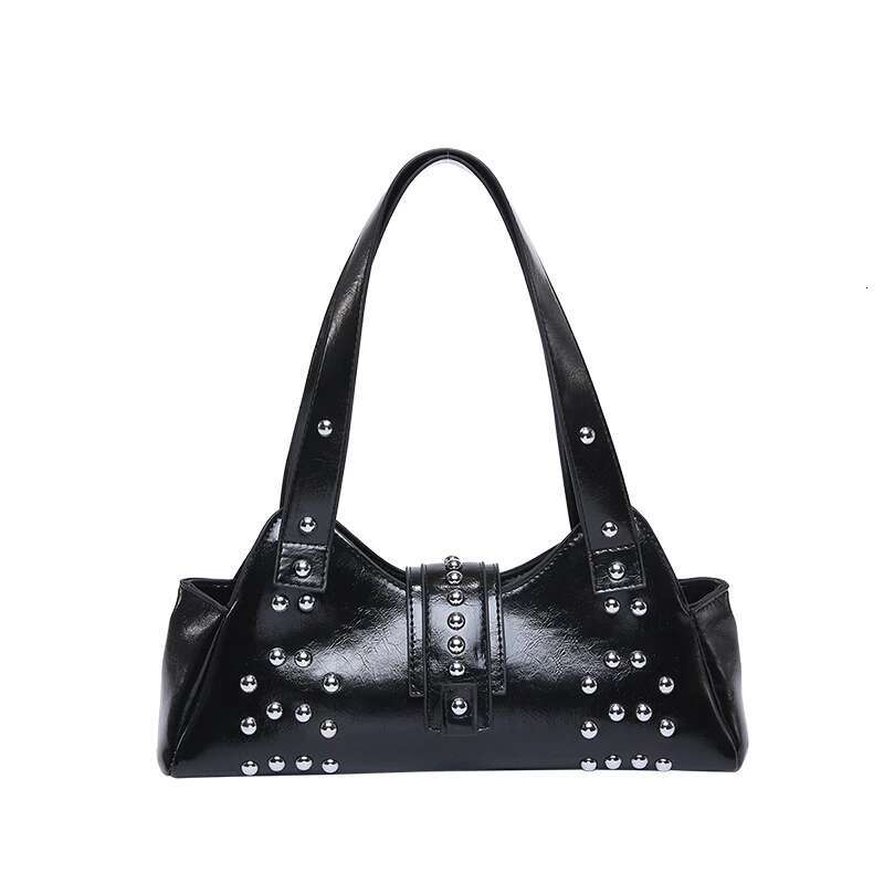 Retro Riveted Women's Uderarm Punk Rock Girls Oil PU Leather Black Handbag Motorcycle Ladies Commuter Baguette Shoulder Bag