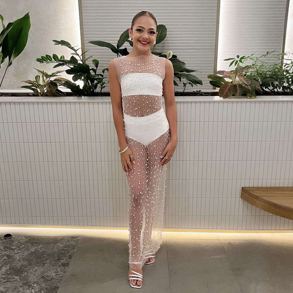 Spring/Summer Hot selg Women's Wear Mesh Bubble Bead Perspective Sexy Hoodie Long Dress 2025 Versatile New Trendy Clothing Ins