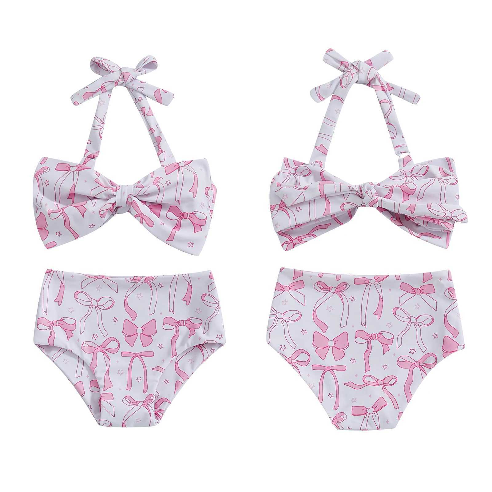 2025 New Kids Baby Girl 2 Piece Swimsuits Summer Bow Print Halter Neck Bikini Tops and Elastic Shorts Set Bikini Bathing SuitsXJ250214