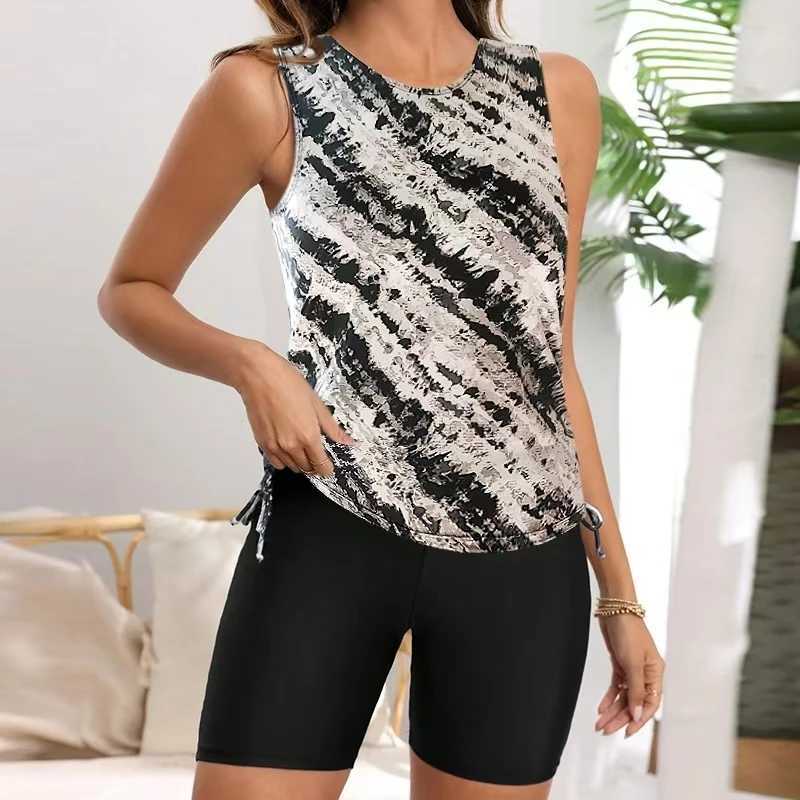 2025 Printed Tankini Set Two Pieces Swimsuit Women Drawstring Swimwear Female Long knee Shorts Bathing Swimming Swim SuitW250214