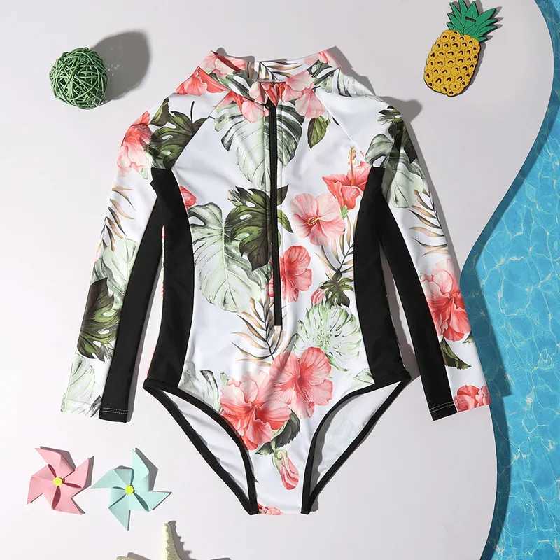 Print Girls One Piece Swimsuit 8-12 Year Kids Swim Suit Teenage Childrens Swimwear 2024 Long Sleeve Surfing Bathing Suits BeachXJ250214