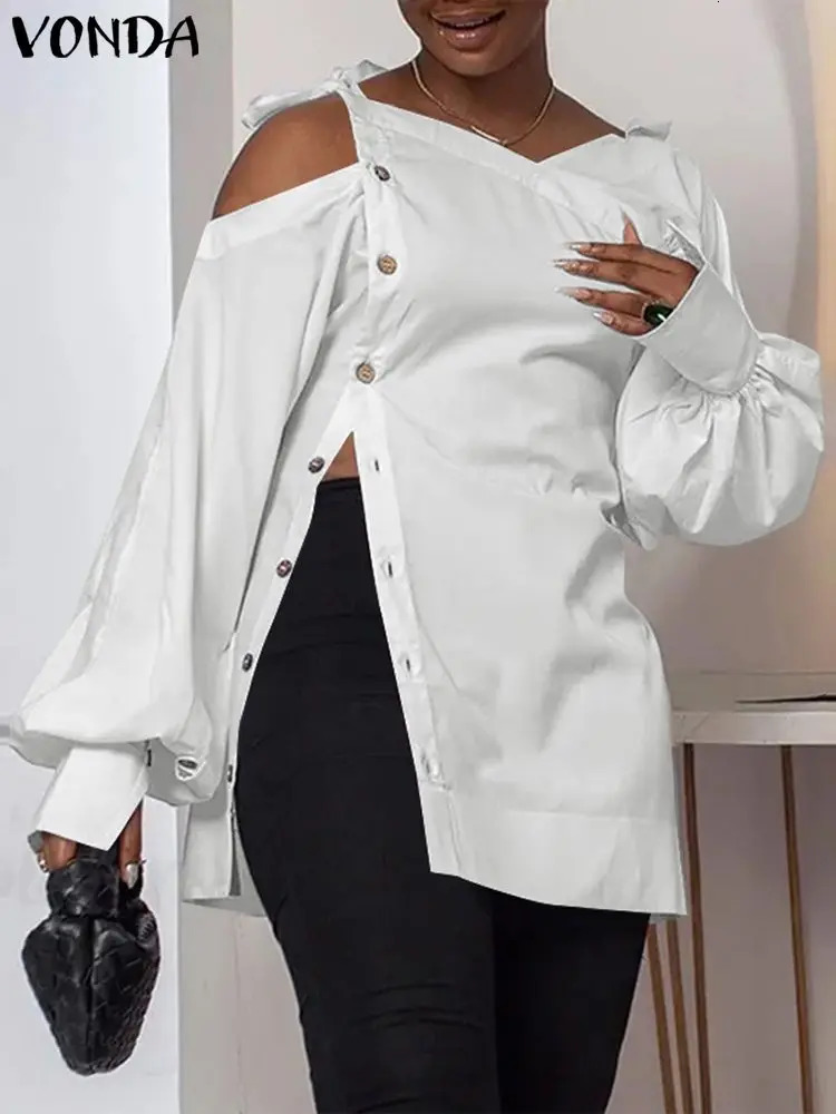 Pulse Size 5XL VONDA Women Blouses Casual Solid Long Sleeve Blouses American Style Off The Shoulder Tops Fashion Irregular Shirts 250210