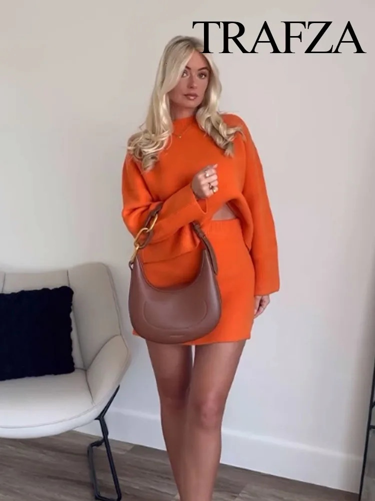 TRAFZA Women Fashion Skirt Suits Orange ONeck Long Sleeves PulloverElastic Waist Mini Skirts Female Spring Casual Knitting Set 250214