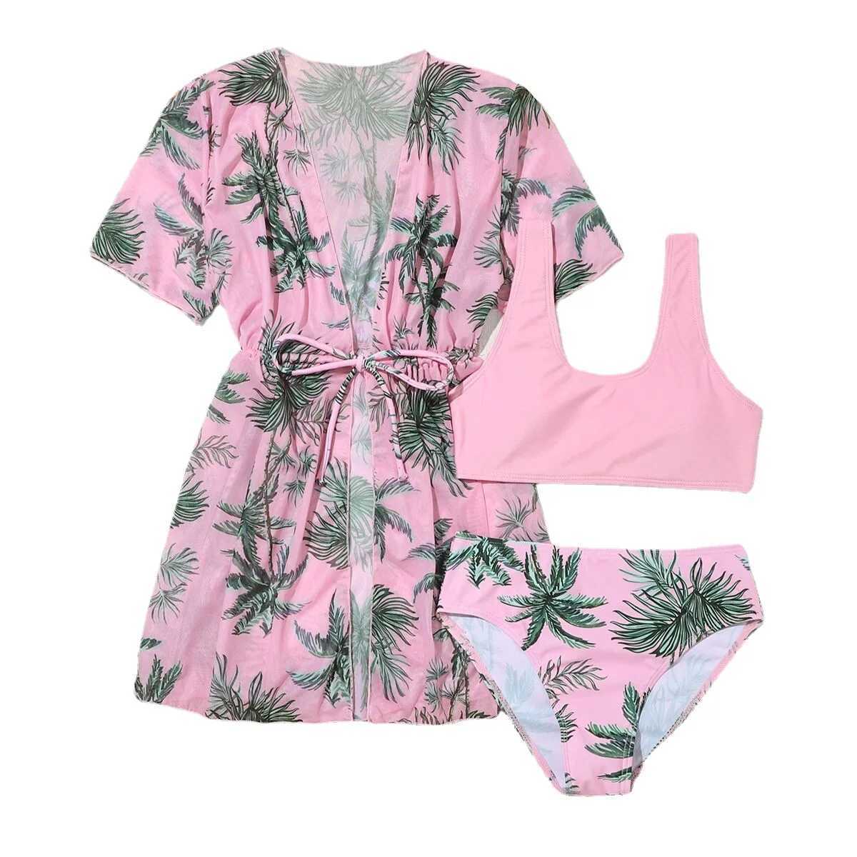 Girls 3pack Palm Tree Print Pink Bikini Kids Swimsuit Kimono 7-12 Years Three Pieces Childrens Swimwear Cover Up Bathing SuitsXJ250214