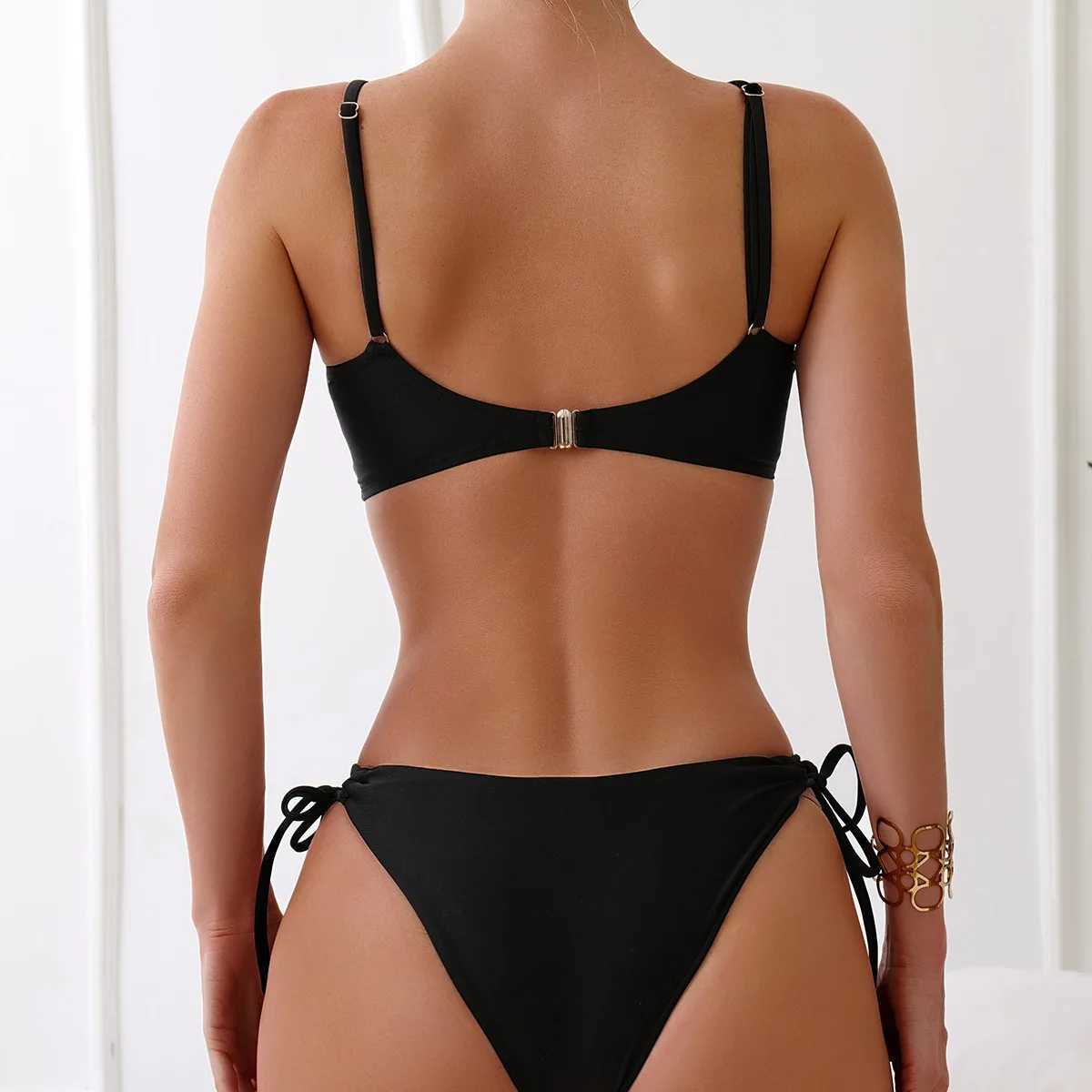 2024 Black Bandeau String Bikinis Female Swimsuit Women Swimwear Two-pieces Bikini Set High Waist Bather Bathing Suit Swim LadyW250214