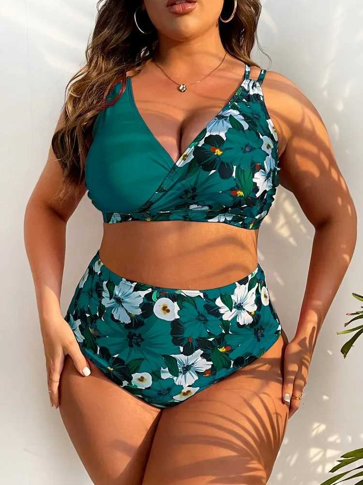 2023 Plus Large Size Ruffle Bikini Floral Swimwear Women Trim Tie Front Swimsuit Female High Waist Swimming Bathing SwimsuitW250214