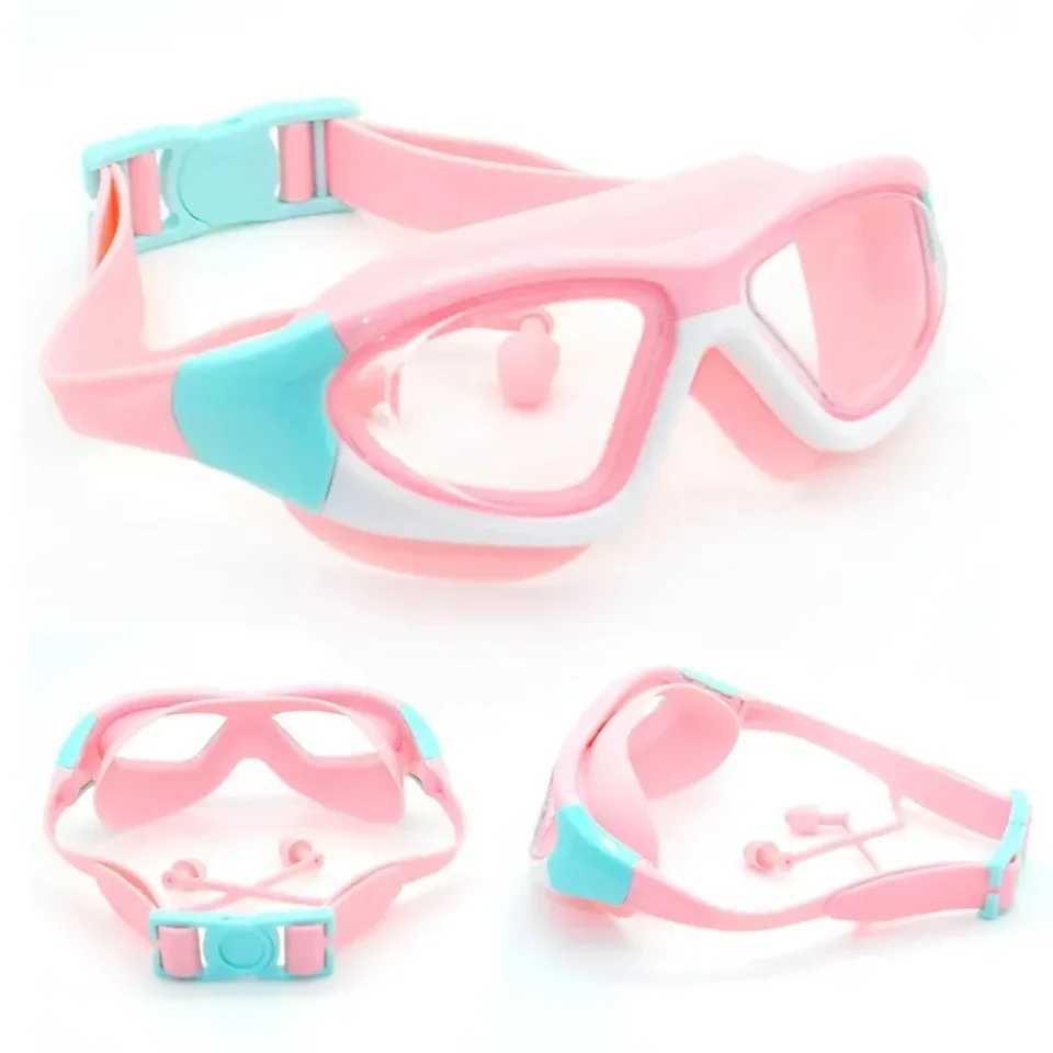 Childrens High-definition Waterproof And Anti Fog Swimming Large Frame Glasses Convenient Goggles Silicone Connected Earplugs Z250215