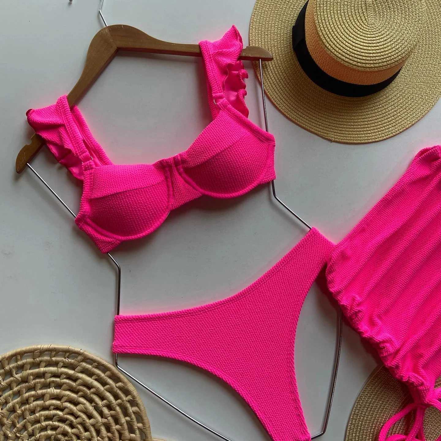 Solid Wavy Fabric Low Waist Bikini Set Cover Up Swimsuit For Women Push Up Ruffle Thr Pieces Swimwear 2025 Beach Bathing Suits X250214