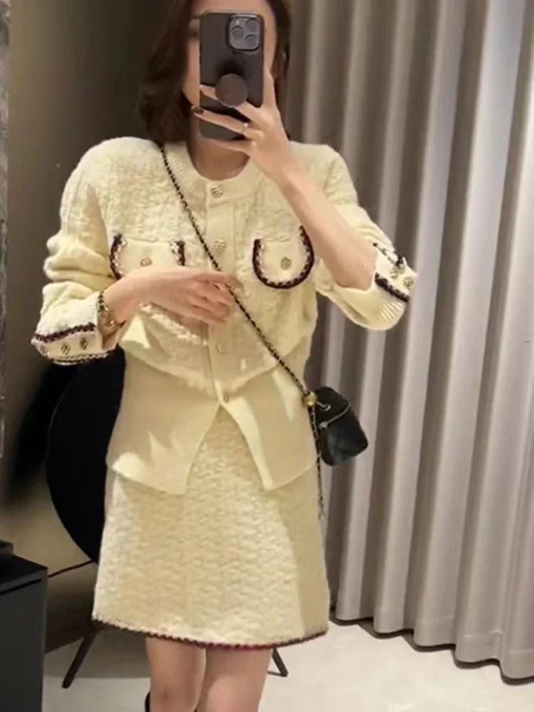 Autumn Winter Knitted Two Piece Sets Womens Office Lady Long Sleeve Knitted Cardigan Sweater High Waist Skirt Suit Womens 250210