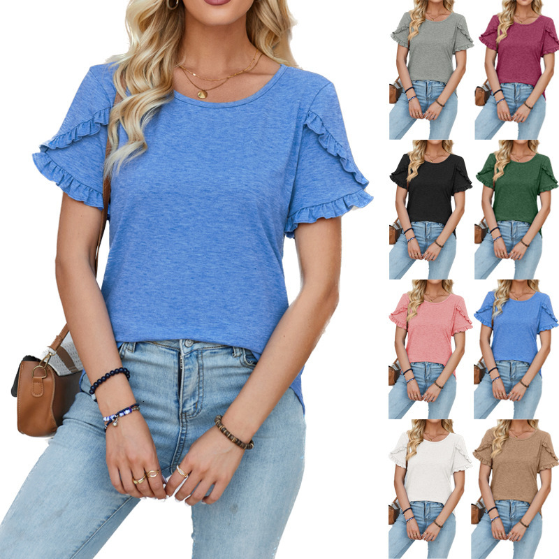 Designer 2025 Spring/summer New Round Neck Petal Sleeve Splicing Solid Color T-shirt Loose Top