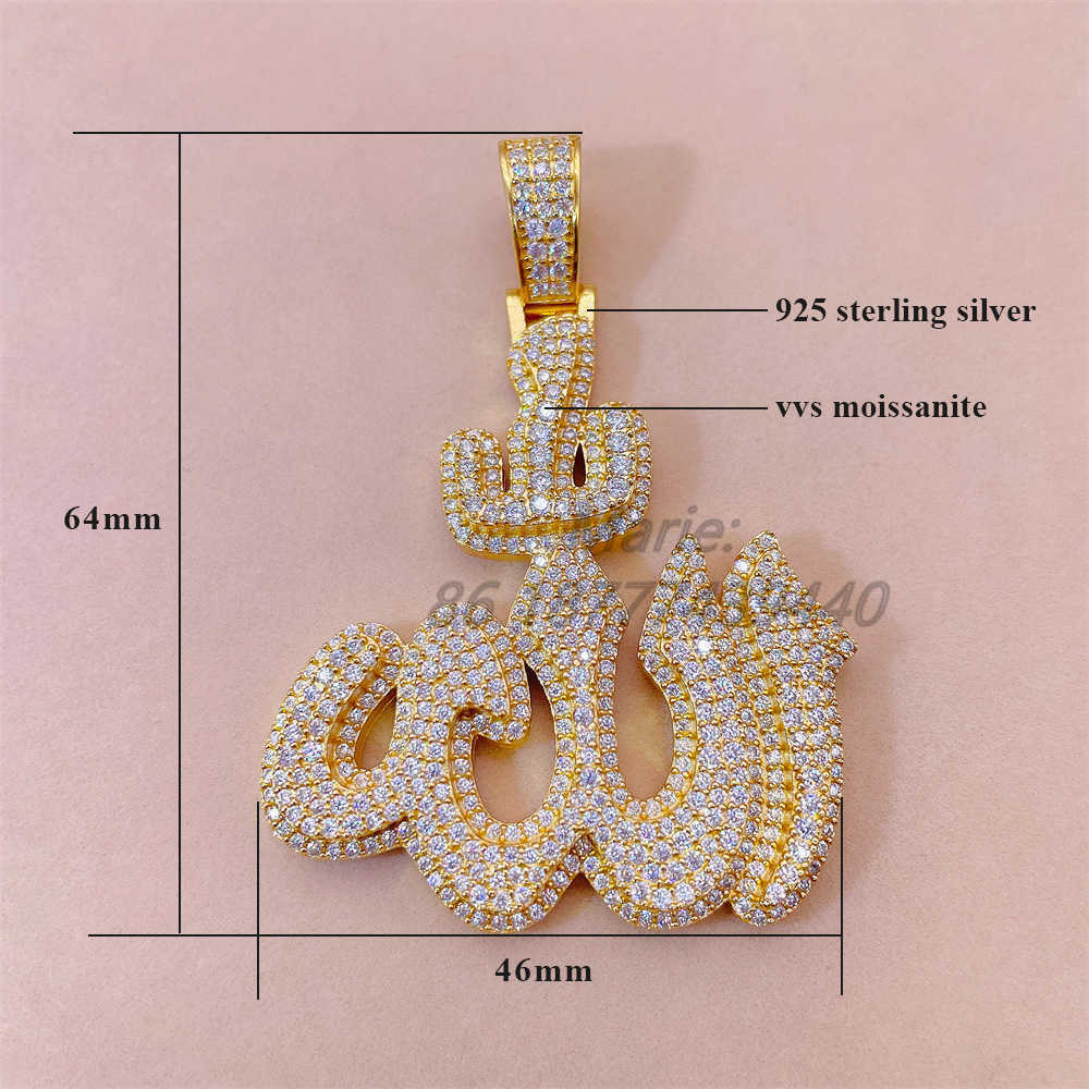 Mens Pass Diamond Test Jewelry Religious Muslim Islamic Silver With Moissanite Allah Symbol Charm Iced Pendant Necklace