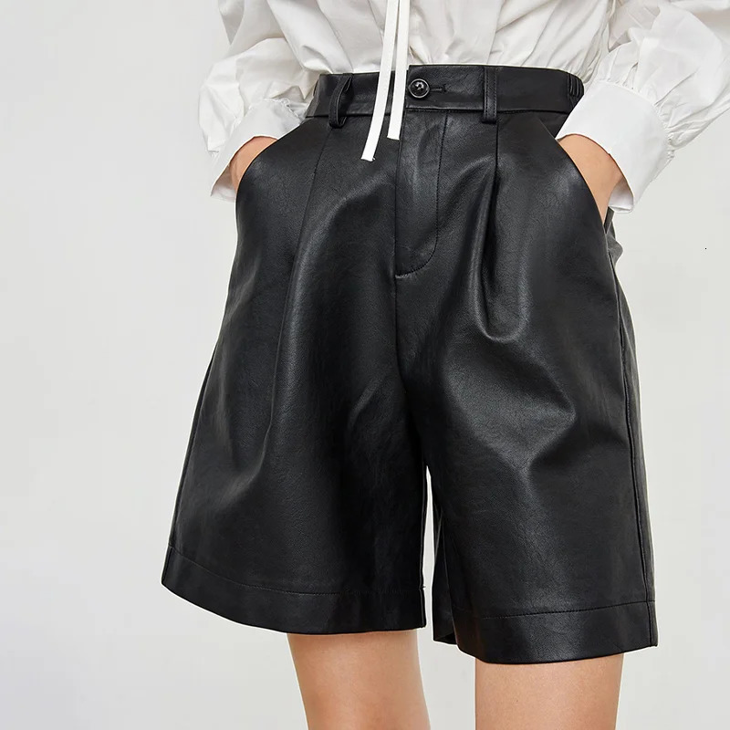 Pu Leather Womens Short Button High Quality Wide Leg Artificial Shorts British Style Waist Loose Clothing 250213
