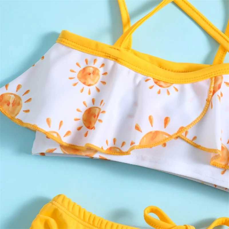 0-3T Baby Girls 2pcs Yellow Swimsuit Set Swimwear Summer Sun Print Camisole and Elastic Drstring Beach Shorts SwimwearXJ250214