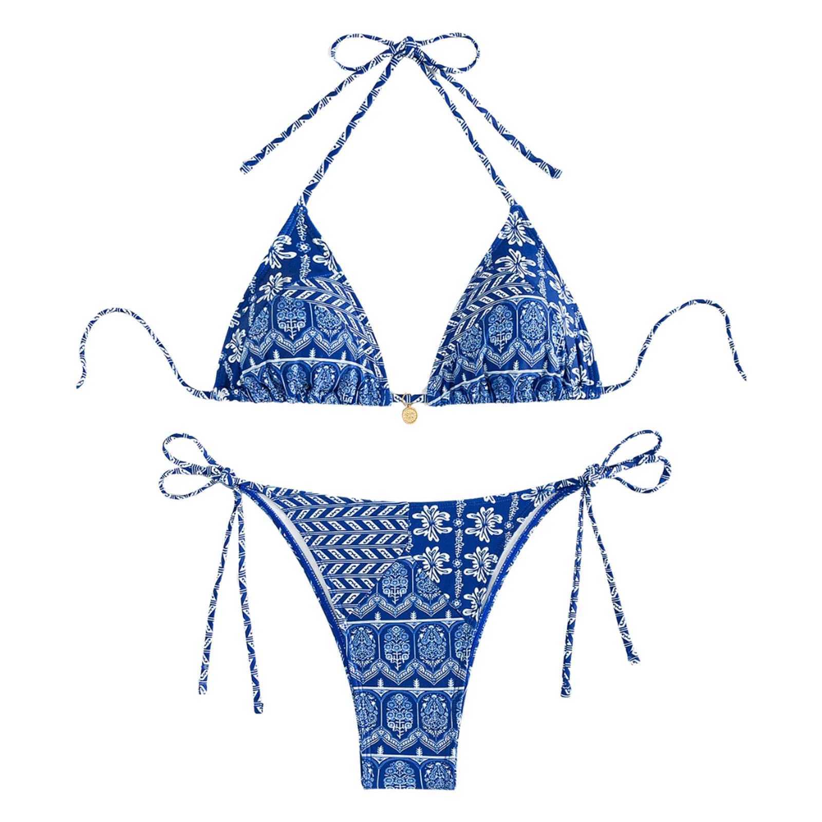 Womens Bikini Sets Two Piece Swimsuits Floral Print Sexy Triangle Bikinis Bohemian Style Halter Neck Strap Swimsuit Bathing SetT250214