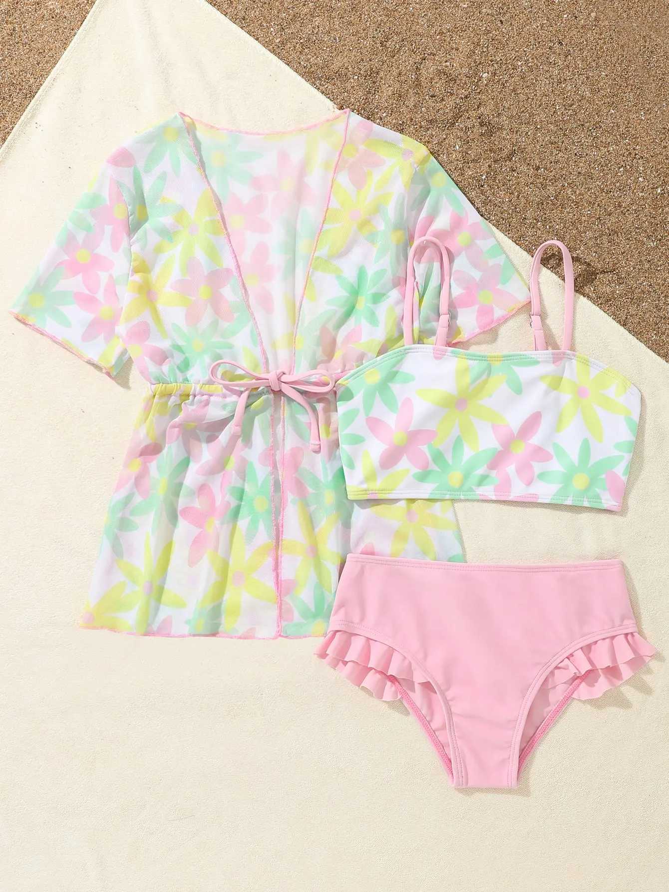 New Flower Print Girls Swimwear Bikinis 3 Pieces sand Swimsuit Suit s1005XJ250214