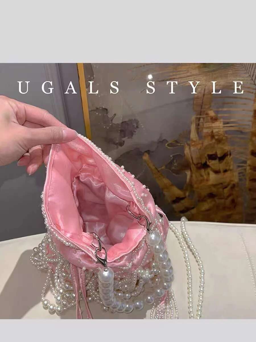 Women's Handbag Satin String Bucket Pearl Beading Tassel Handmade Evening Wedding Party Clutch Purse Shoulder Bag