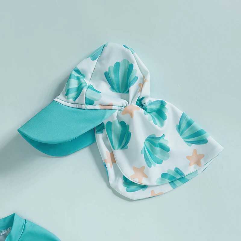 0-5Y Kids Boys Long Sleeve Swimwear Summer Shell Print Zipper Rash Guard Swimsuit and Hat Beachwear Bathing SuitXJ250214