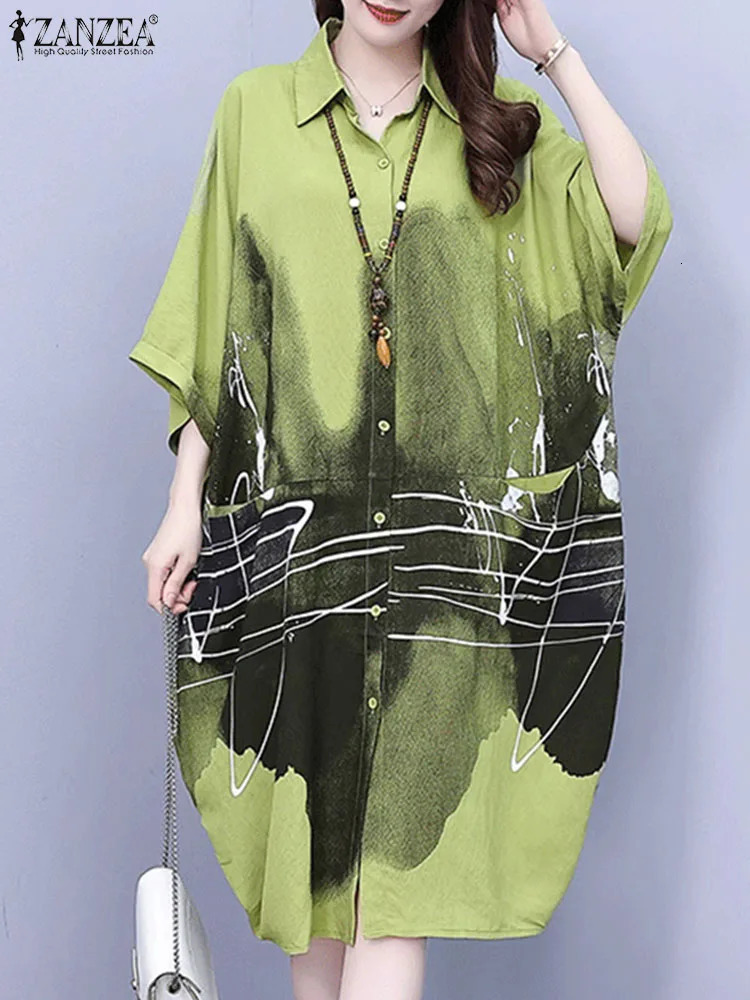 ZANZEA Vintage Ink Painting Shirt Dress Women Oversize Loose Casual 3/4 Sleeve Midi Dresses Trendy Rounded Hem Dresses 250213