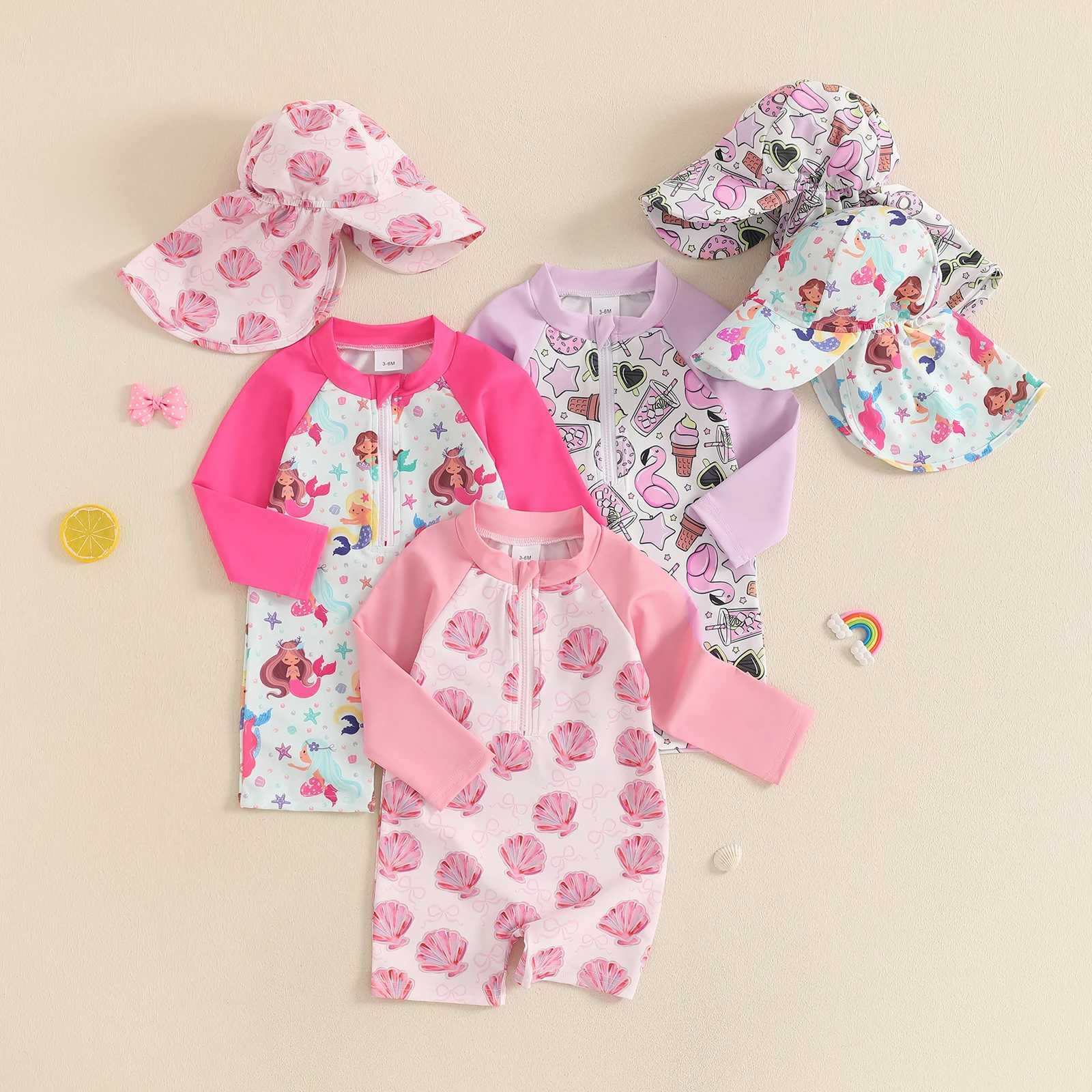 MISOWMNJOY Children Baby Girls Bathing Suit Summer New Rash Guard Swimsuit with Hat Shell Pattern Zip Up Long Sleeve SwimwearsXJ250214