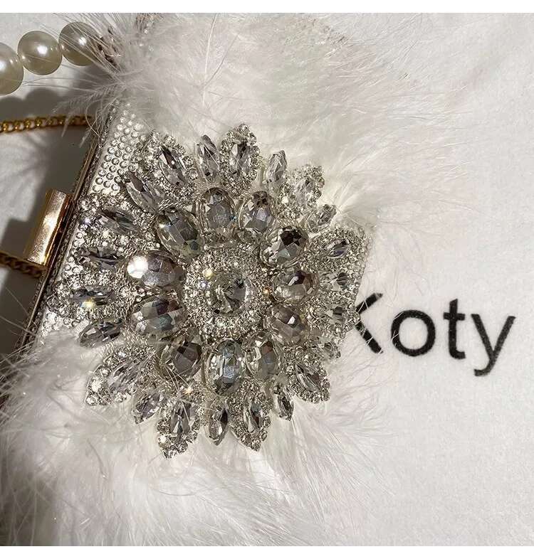 Pearl Beading Handheld Ostrich Hair Women's Handbag Crystal Shiny Dias Evening Wedding Party Clutch Purse Shoulder Bag