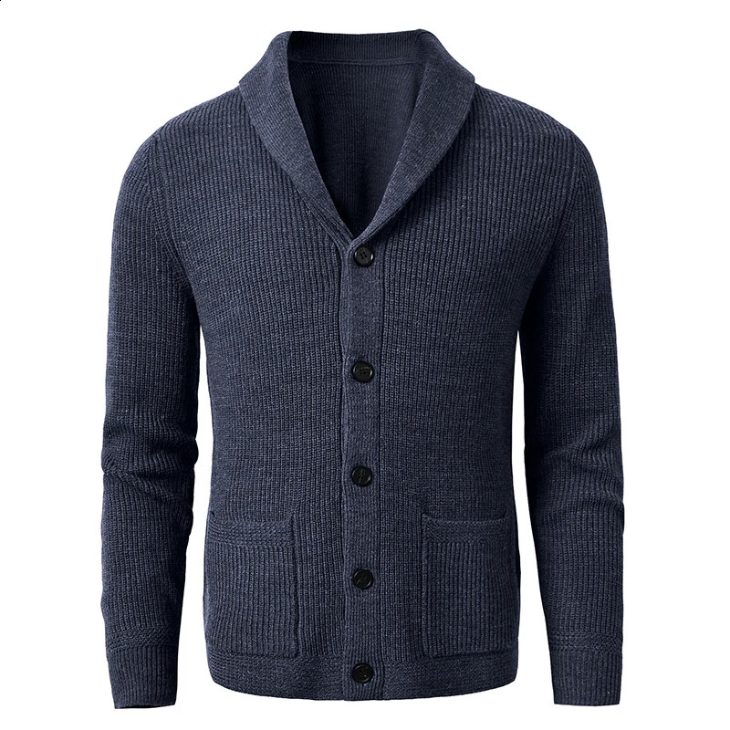 Mens Shawl Collar Cardigan Sweater Slim Fit Cable Knit Button up Black Merino Wool Sweater 250211