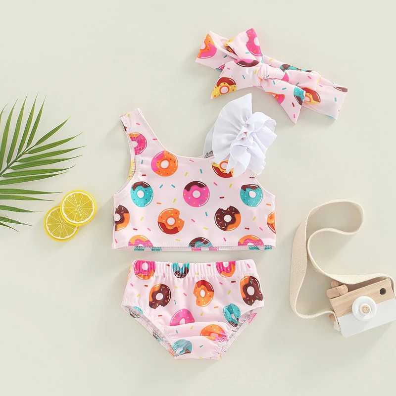 Yiiciovy 0-3 Years Newborn Infant Baby Girl Swimwear Doughnut Print Asymmetric Strappy Bikini Sets + Headbands Swimsuit Set 2023XJ250214