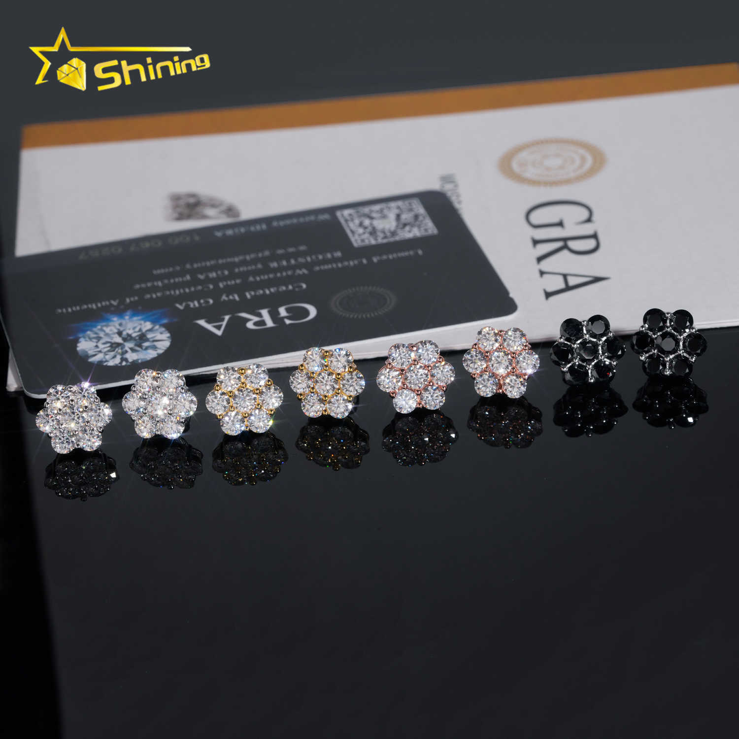 Hot Sale Trendy 12mm Cluster Flower Screw Back Stud Earrings 925 Silver Gold Plated Black Moissanite Pass Diamond Tester Earring